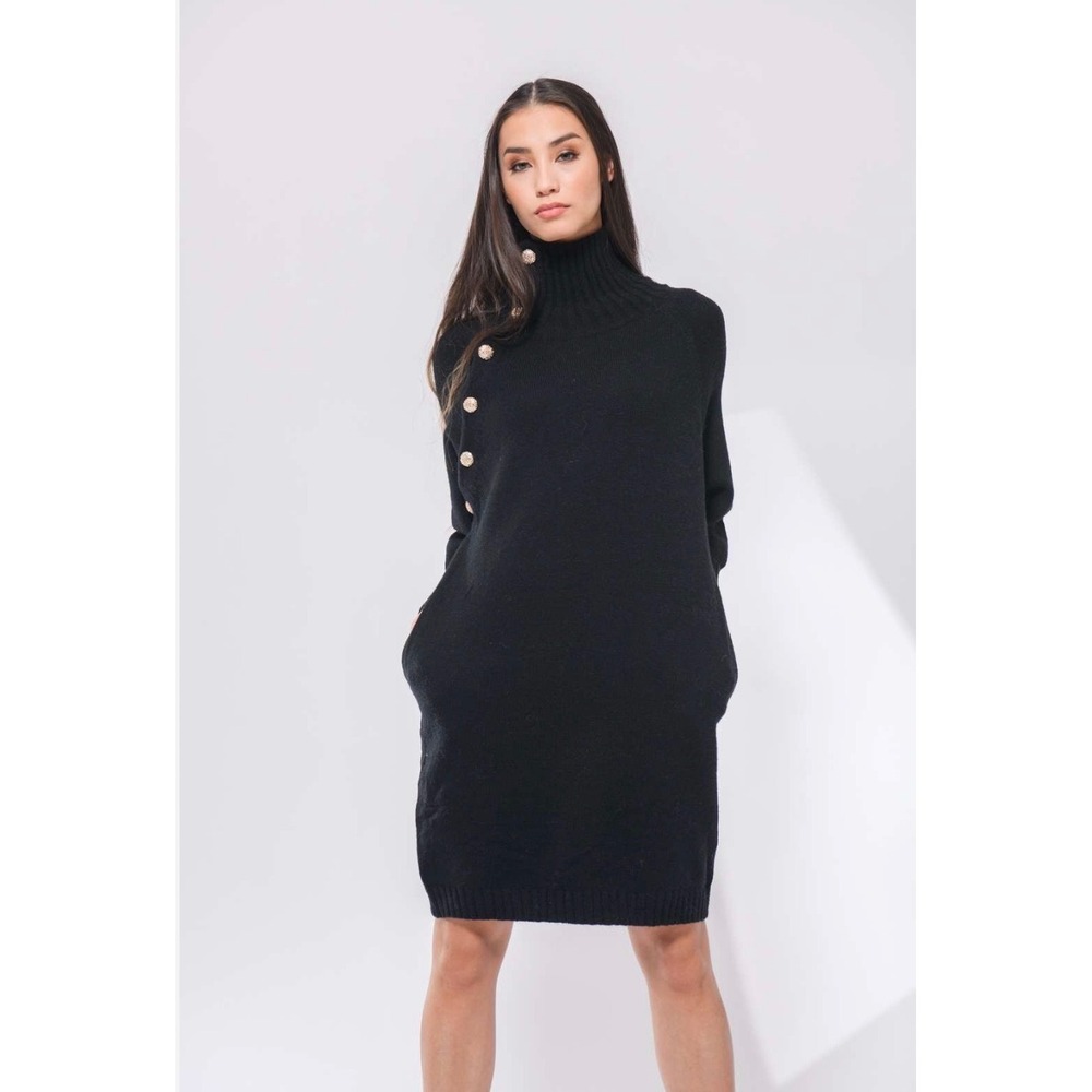 Black Turtleneck Knit Sweater Dress Gold Button Lantern Sleeve Belted Small Midi - Picture 4 of 11